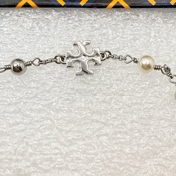 Tory Burch Logo Pearl Beaded Slider 164147 IN Tory Silver/Pearl - Picture 3 of 11